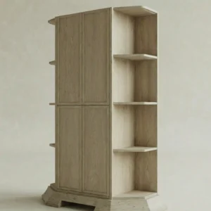 cam kapakli vitrin bufe masif mese, acik rafli modern vitrin dolap tasarimi, ozel uretim vitrin bufe modeli, japandi stil sergileme dolabi, modern ahsap vitrin storage unitesi