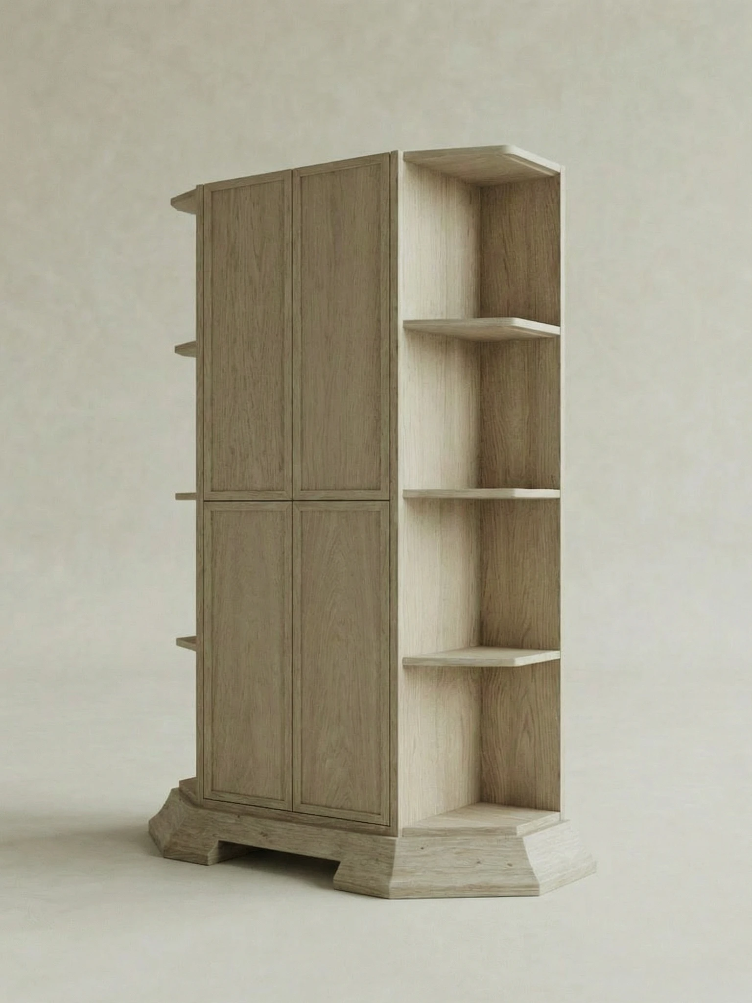 cam kapakli vitrin bufe masif mese, acik rafli modern vitrin dolap tasarimi, ozel uretim vitrin bufe modeli, japandi stil sergileme dolabi, modern ahsap vitrin storage unitesi