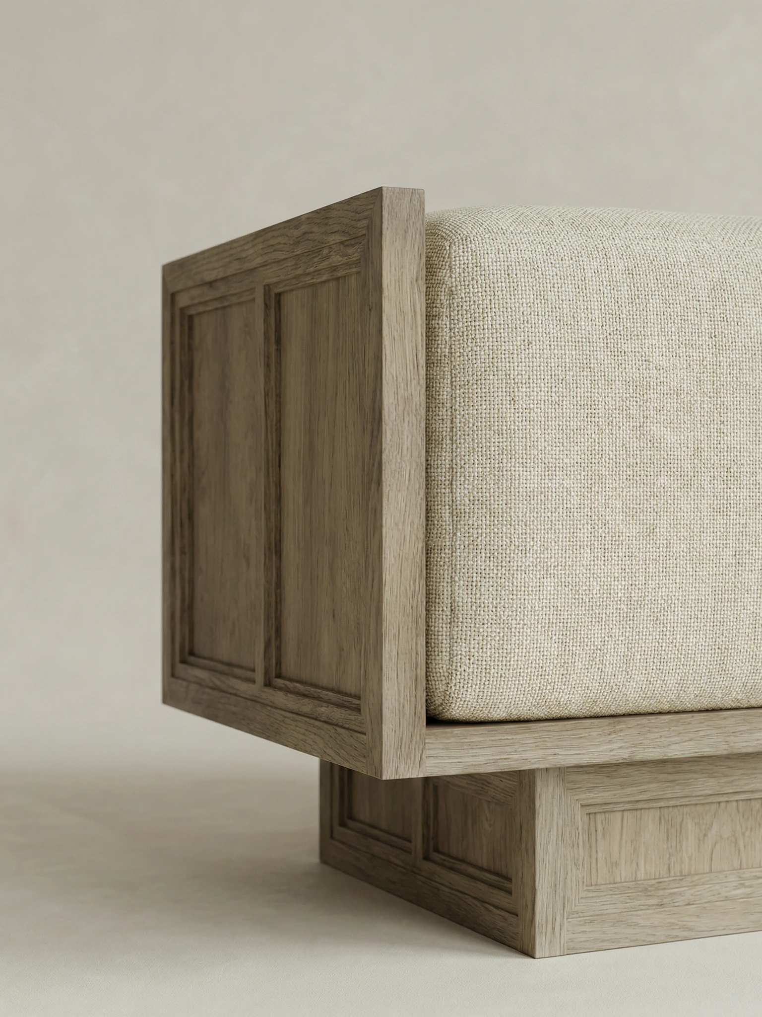 masif mese cerceveli modern puf tasarimi, dosemeli kubik oturum ottoman, ozel uretim ahsap puf modeli, minimal modern puf japandi stil, cerceveli heykelsi puf tasarimi