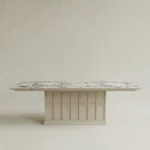 mermer ust yuzey panel ayak masa tasarimi, grid panel detayli modern yemek masasi, ozel uretim mermer dining table modeli, merkezi ayak heykelsi masa tasarimi, masif ahsap panel govdeli masa