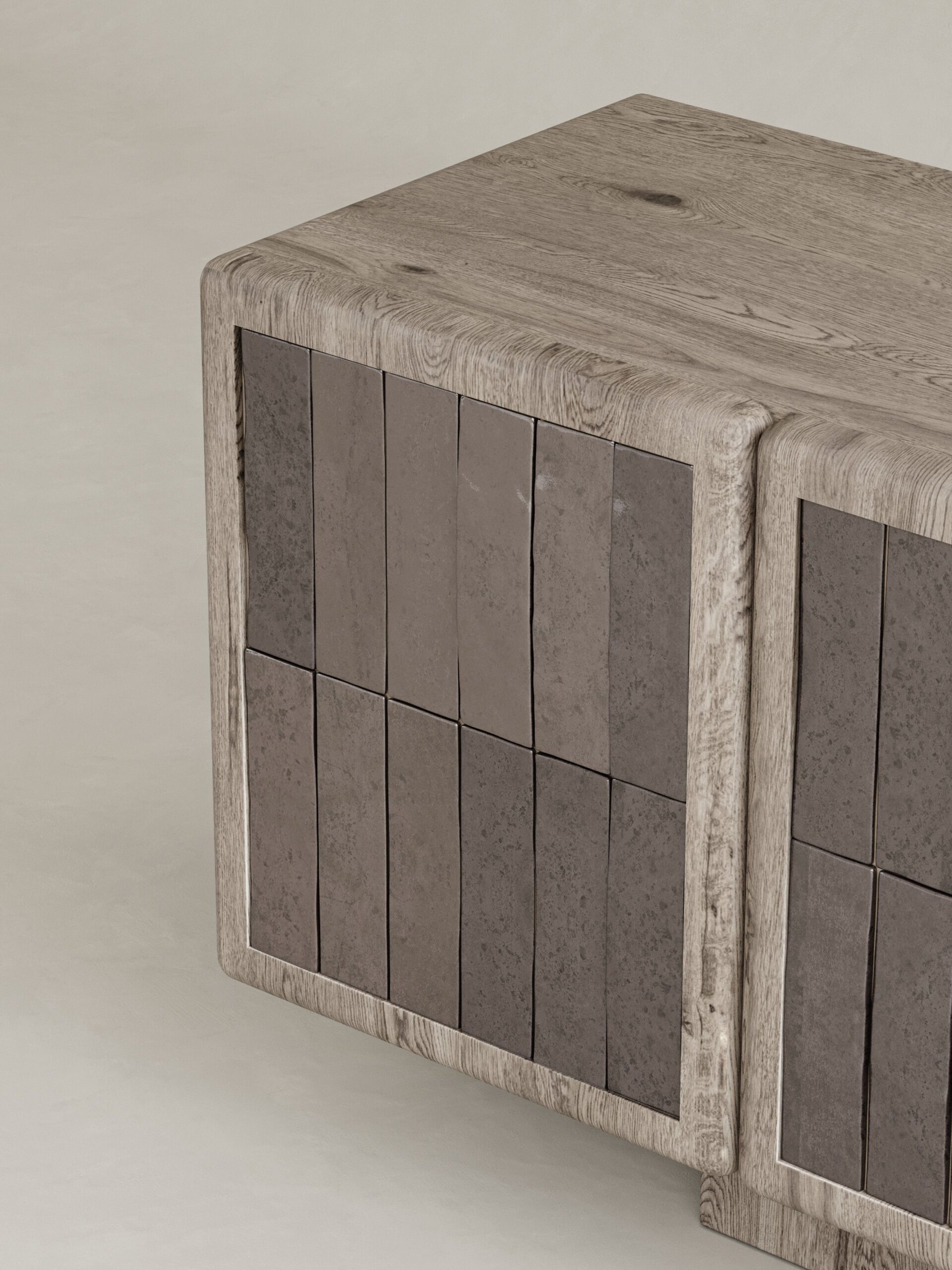 mese govdeli seramik panelli modern bufe tasarimi, dokulu seramik panel kapakli sideboard, ozel uretim brutalist modern bufe tasarimi, mimari blok ayakli modern ahsap bufe, seramik panel yuzeyli modern depolama mobilyasi