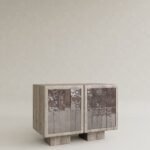 komur efektli yakma mese komodin tasarimi, dokulu seramik panel brutalist komodin, ozel uretim modern mimari bedside table, blok form koyu ahsap tasarim komodin, yakma ahsap dokulu modern yatak yani komodin