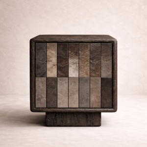 komur efektli yakma mese komodin tasarimi, dokulu seramik panel brutalist komodin, ozel uretim modern mimari bedside table, blok form koyu ahsap tasarim komodin, yakma ahsap dokulu modern yatak yani komodin