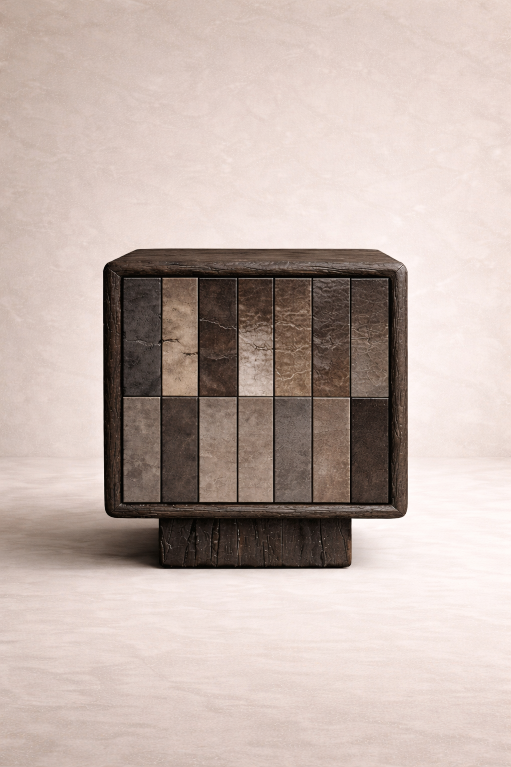 komur efektli yakma mese komodin tasarimi, dokulu seramik panel brutalist komodin, ozel uretim modern mimari bedside table, blok form koyu ahsap tasarim komodin, yakma ahsap dokulu modern yatak yani komodin