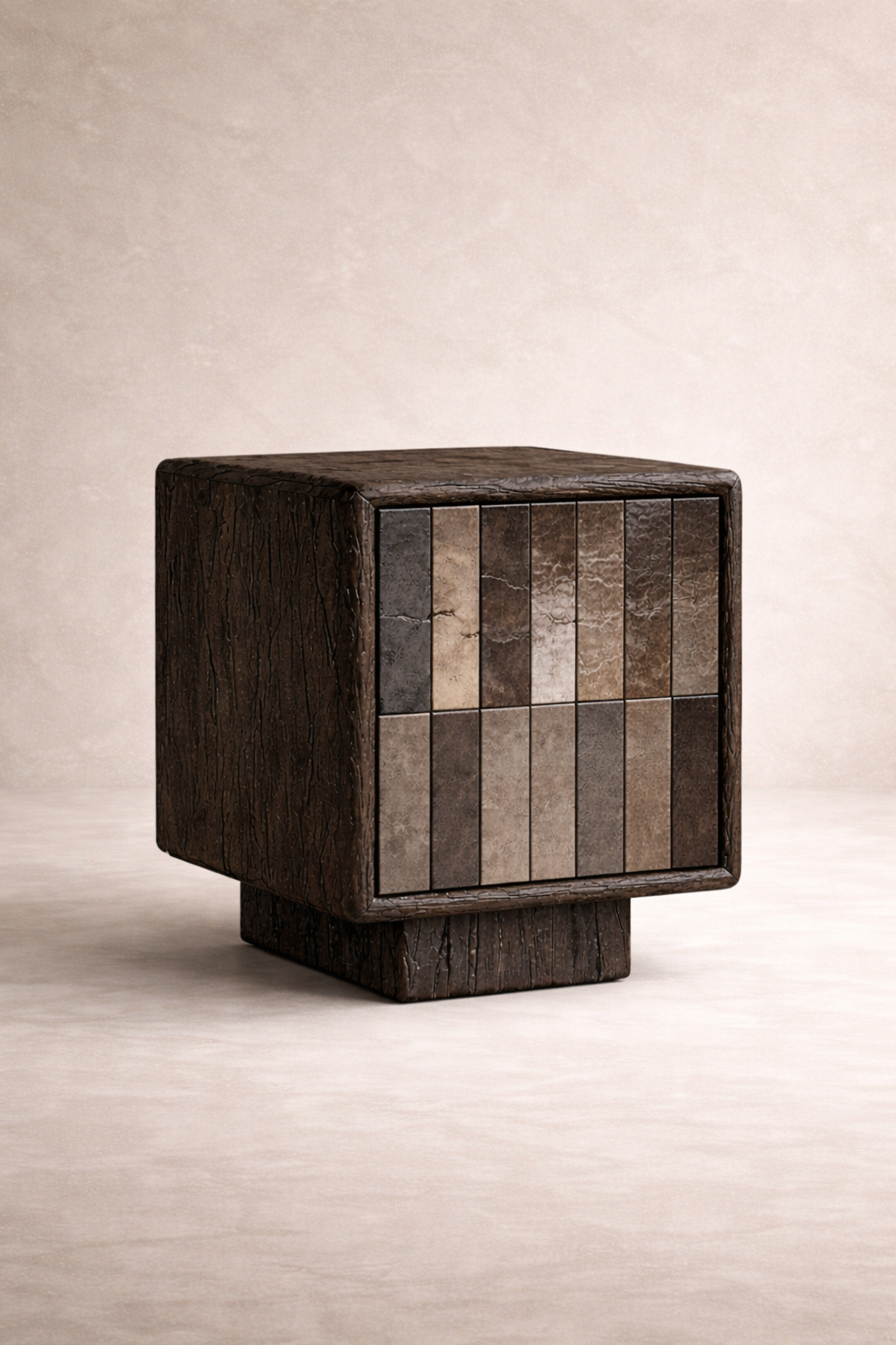 komur efektli yakma mese komodin tasarimi, dokulu seramik panel brutalist komodin, ozel uretim modern mimari bedside table, blok form koyu ahsap tasarim komodin, yakma ahsap dokulu modern yatak yani komodin