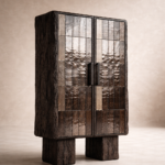 komur efektli yakma mese vitrin bufe tasarimi, dokulu seramik panel kapakli brutalist vitrin dolabi, ozel uretim modern mimari vitrin bufe, blok ayakli koyu ahsap tasarim vitrin, yakma ahsap dokulu modern vitrin bufe