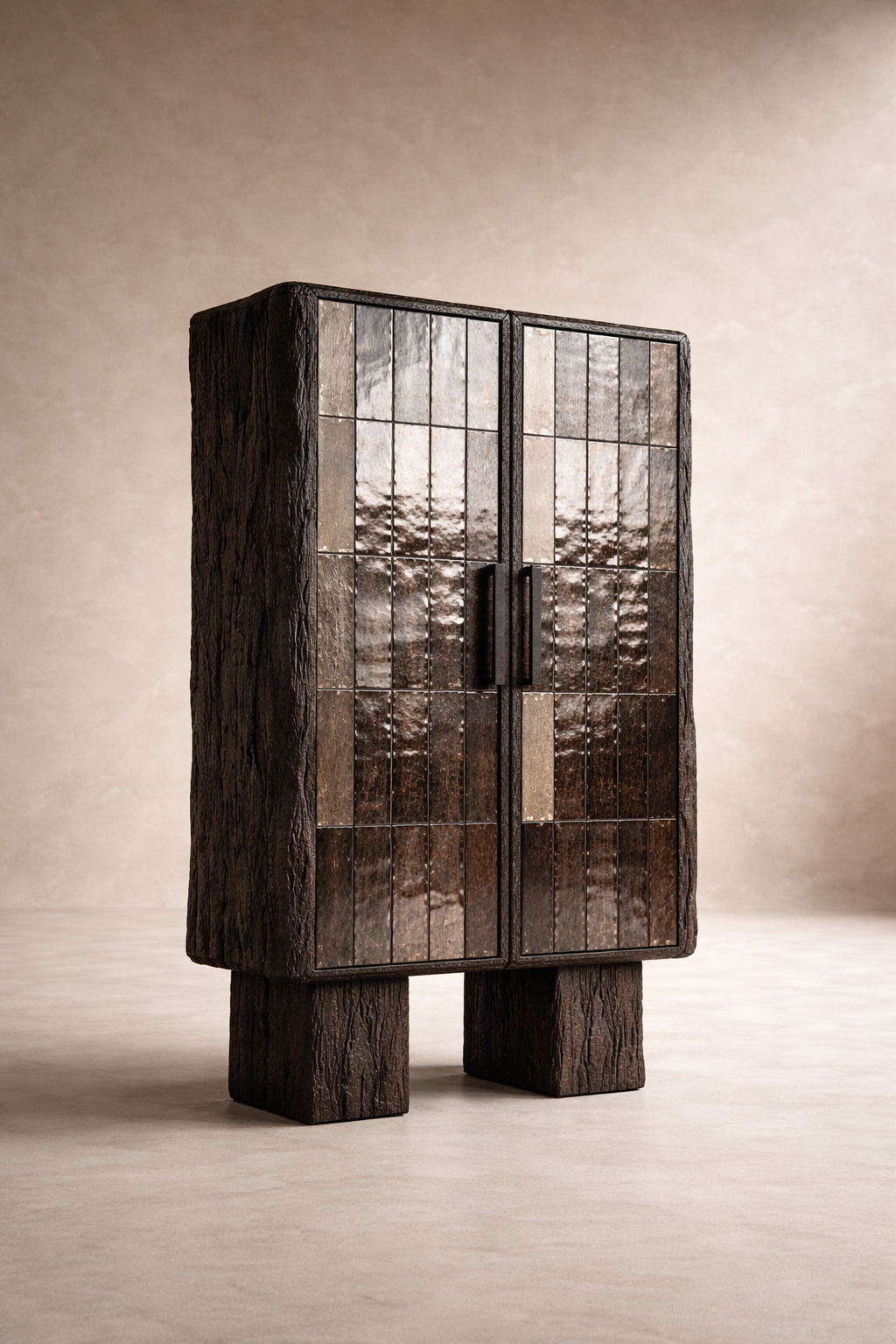 komur efektli yakma mese vitrin bufe tasarimi, dokulu seramik panel kapakli brutalist vitrin dolabi, ozel uretim modern mimari vitrin bufe, blok ayakli koyu ahsap tasarim vitrin, yakma ahsap dokulu modern vitrin bufe