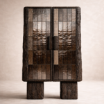 komur efektli yakma mese vitrin bufe tasarimi, dokulu seramik panel kapakli brutalist vitrin dolabi, ozel uretim modern mimari vitrin bufe, blok ayakli koyu ahsap tasarim vitrin, yakma ahsap dokulu modern vitrin bufe