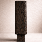 komur efektli yakma mese vitrin bufe tasarimi, dokulu seramik panel kapakli brutalist vitrin dolabi, ozel uretim modern mimari vitrin bufe, blok ayakli koyu ahsap tasarim vitrin, yakma ahsap dokulu modern vitrin bufe