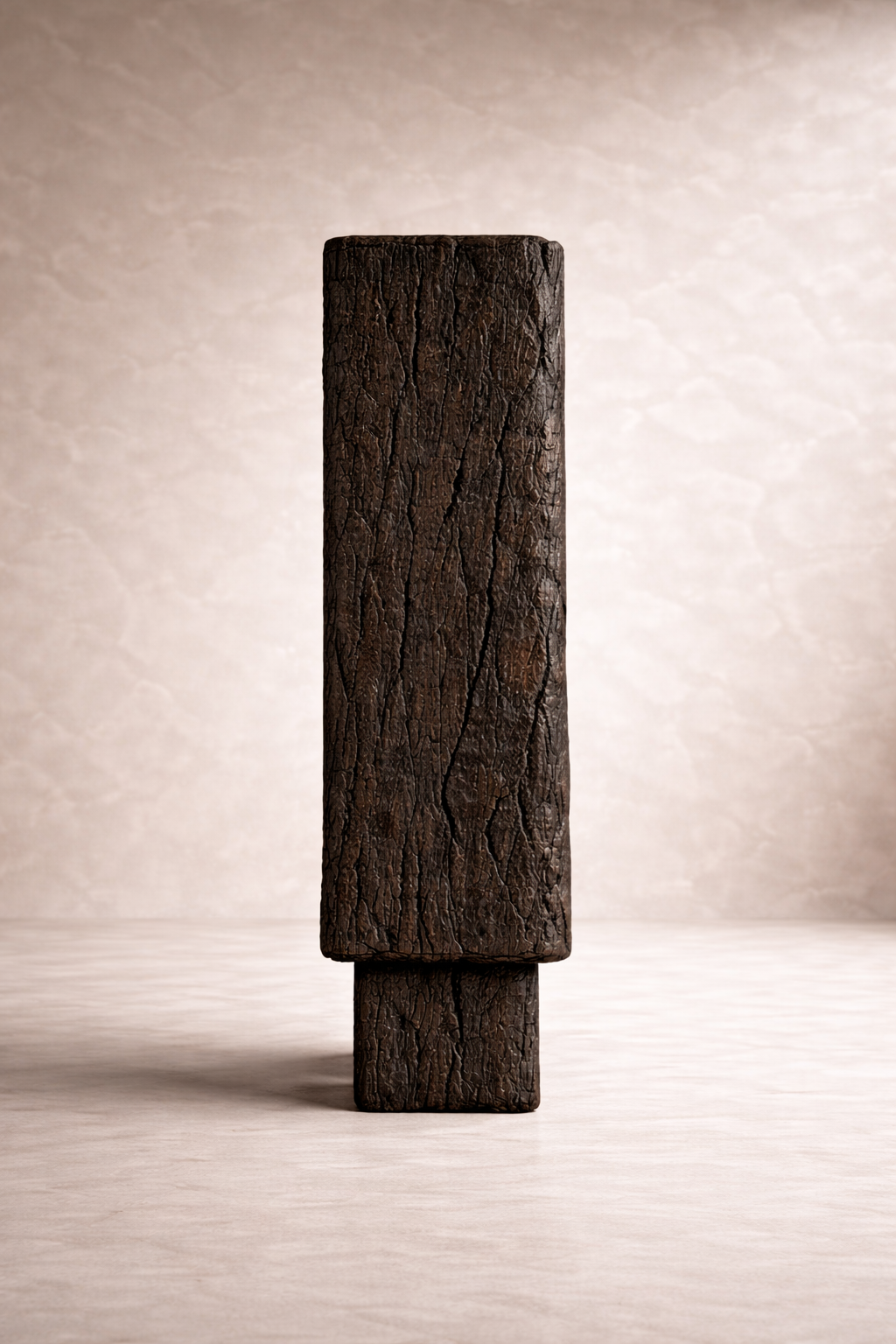 komur efektli yakma mese vitrin bufe tasarimi, dokulu seramik panel kapakli brutalist vitrin dolabi, ozel uretim modern mimari vitrin bufe, blok ayakli koyu ahsap tasarim vitrin, yakma ahsap dokulu modern vitrin bufe