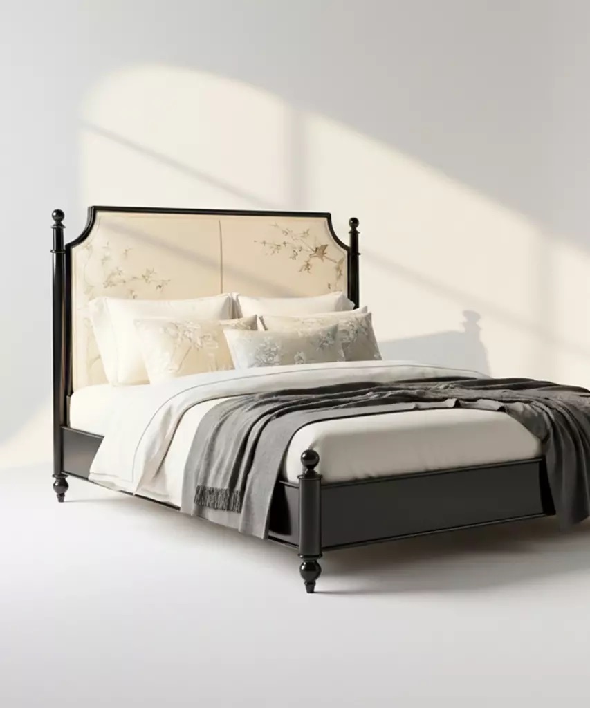 nakisli baslikli klasik karyola tasarimi, metal dikmeli modern classic bed, ozel uretim metal yatak tasarimi, klasik modern yatak odasi karyolasi, ferforje detayli modern karyola