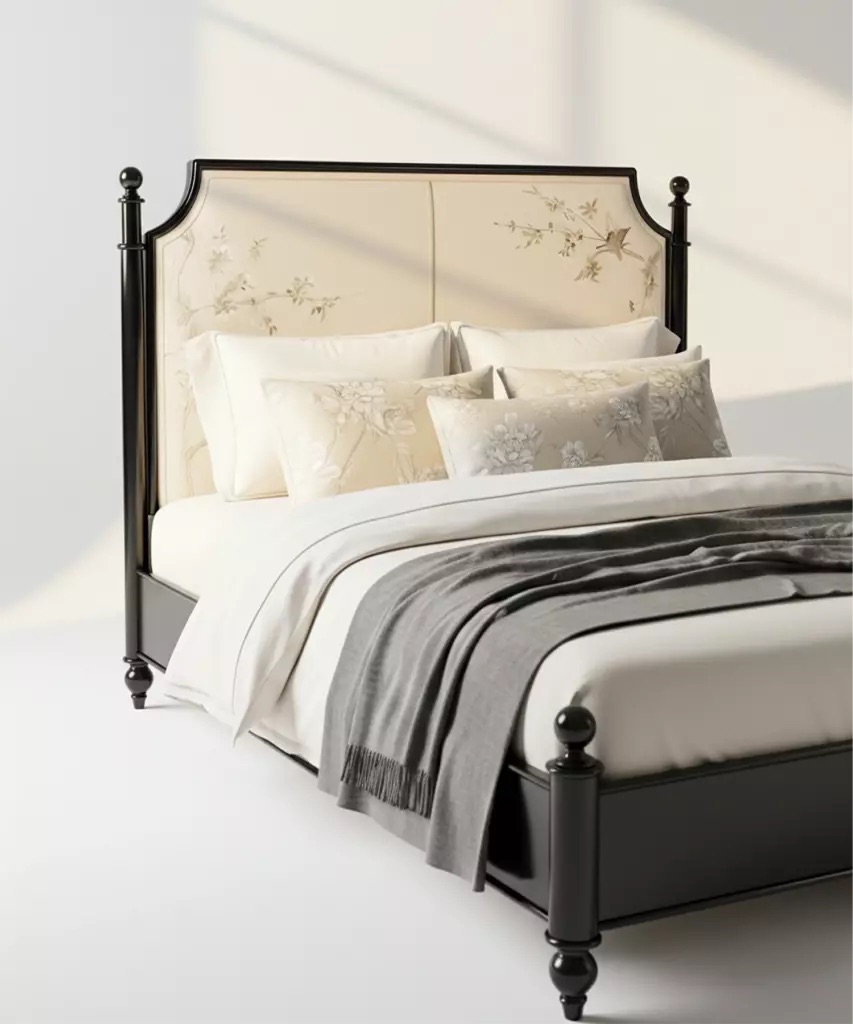 nakisli baslikli klasik karyola tasarimi, metal dikmeli modern classic bed, ozel uretim metal yatak tasarimi, klasik modern yatak odasi karyolasi, ferforje detayli modern karyola