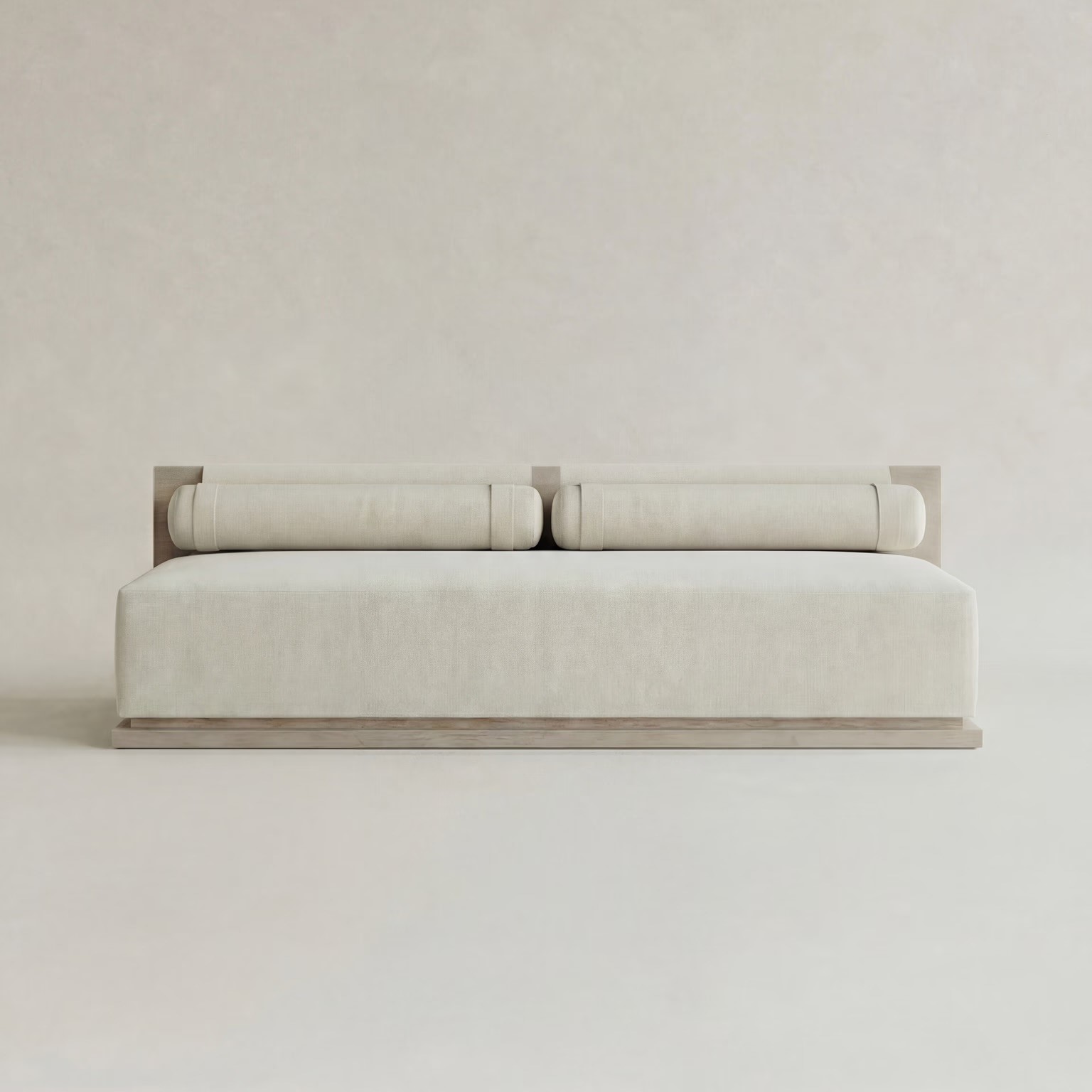 daybed masif ahşap platform, silindirik yastıklı modern koltuk, krem keten döşemeli özel ölçü kanepe, minimal lounge daybed tasarım, ısmarlama mobilya modüler sofa