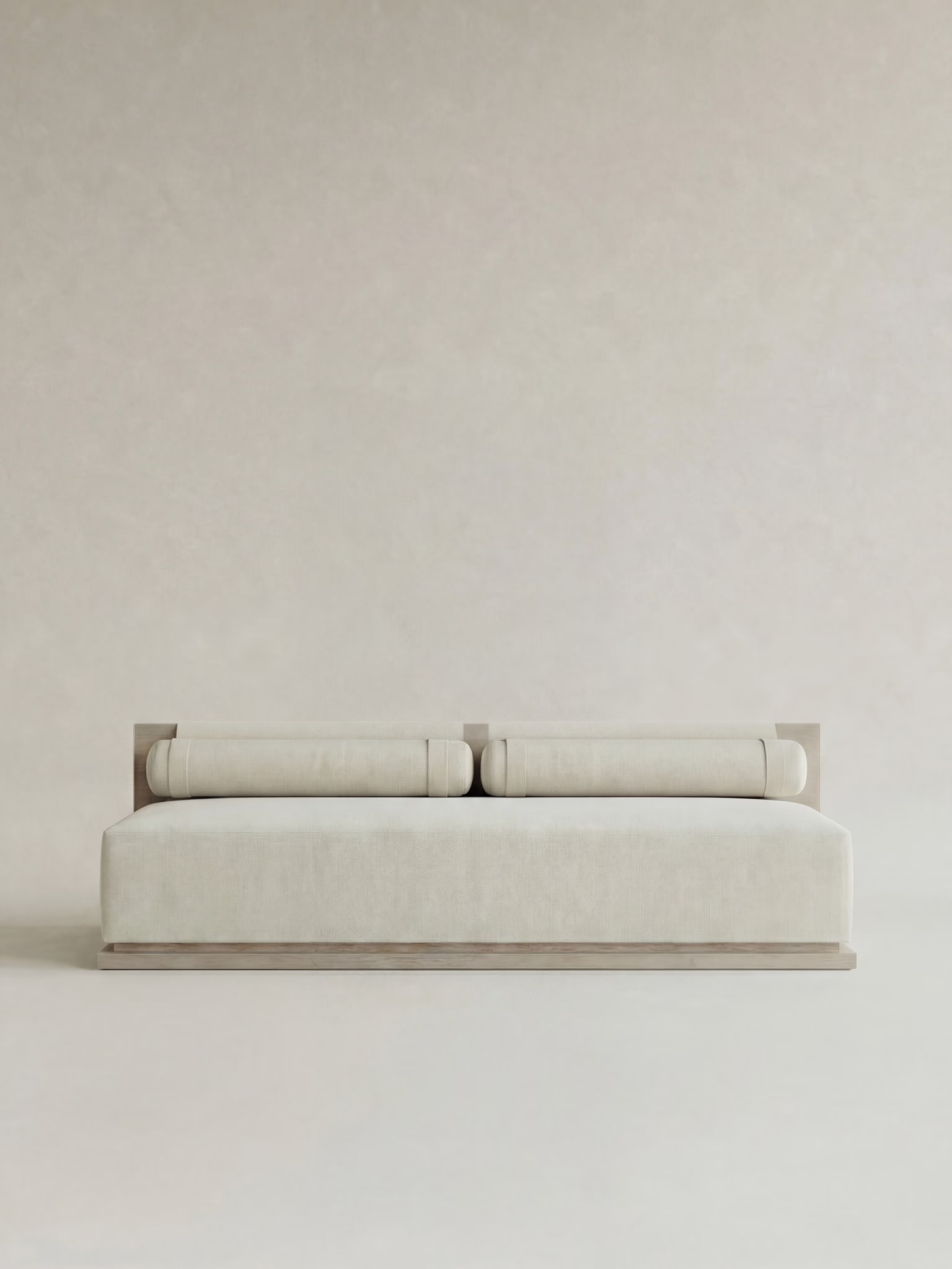 daybed masif ahşap platform, silindirik yastıklı modern koltuk, krem keten döşemeli özel ölçü kanepe, minimal lounge daybed tasarım, ısmarlama mobilya modüler sofa