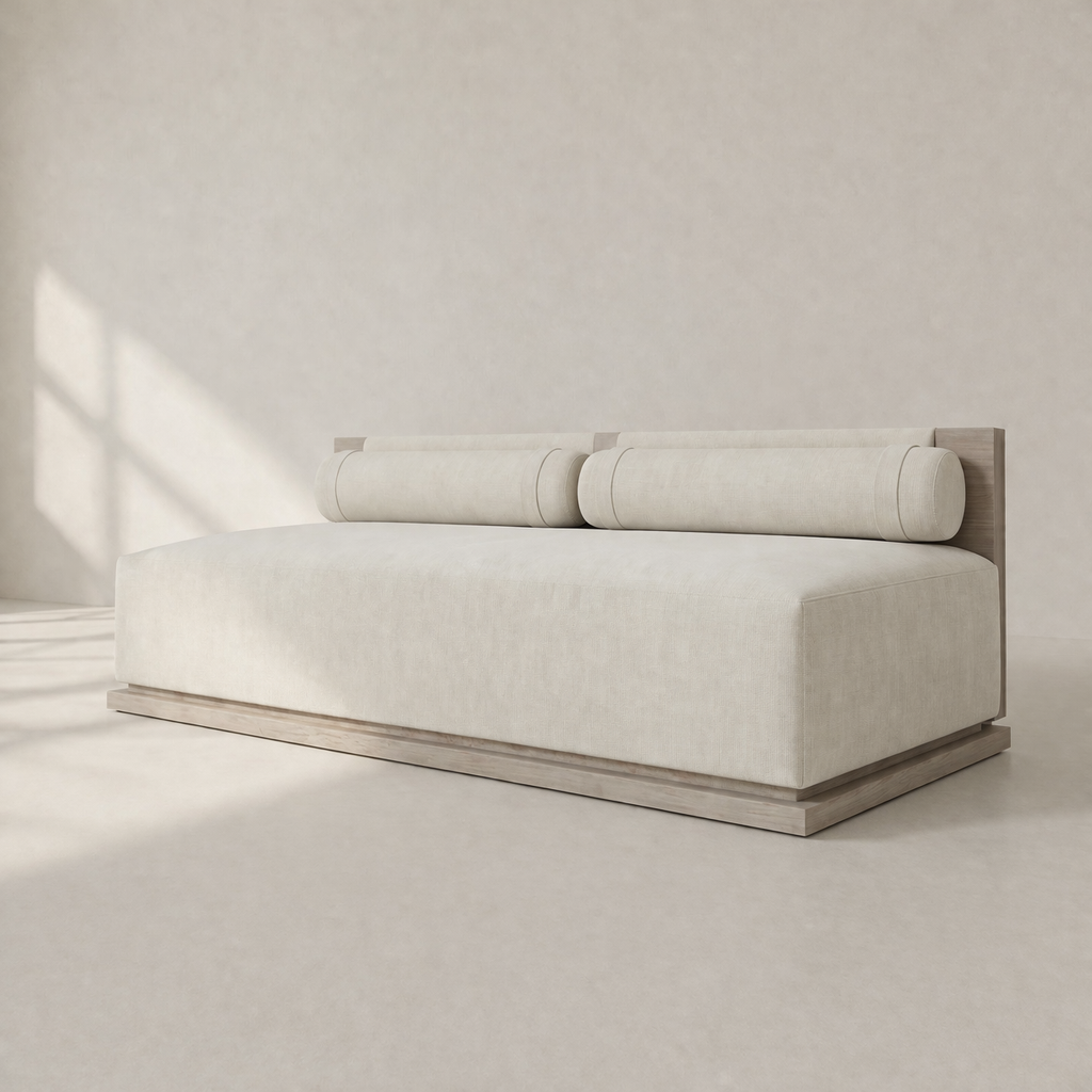 daybed masif ahşap platform, silindirik yastıklı modern koltuk, krem keten döşemeli özel ölçü kanepe, minimal lounge daybed tasarım, ısmarlama mobilya modüler sofa