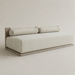 daybed masif ahşap platform, silindirik yastıklı modern koltuk, krem keten döşemeli özel ölçü kanepe, minimal lounge daybed tasarım, ısmarlama mobilya modüler sofa