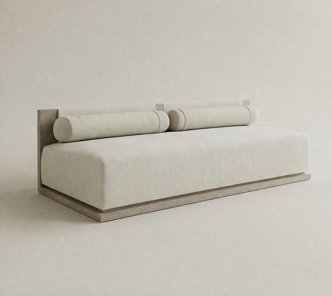 daybed masif ahşap platform, silindirik yastıklı modern koltuk, krem keten döşemeli özel ölçü kanepe, minimal lounge daybed tasarım, ısmarlama mobilya modüler sofa