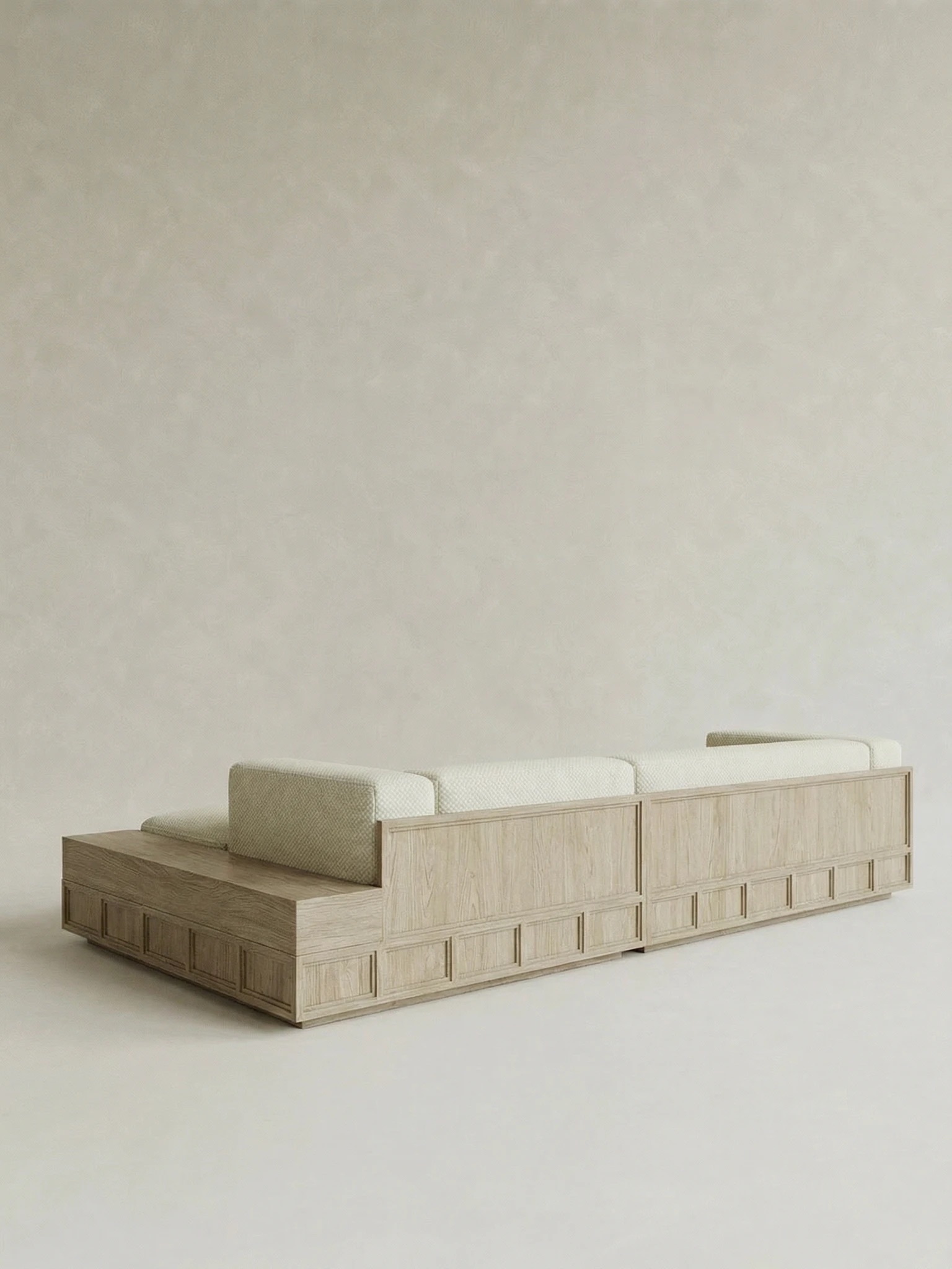 masif meşe platform köşe kanepe, minimal lounge koltuk özel ölçü, krem dokuma kumaş L kanepe tasarım, panel detaylı modern köşe koltuk, ısmarlama mobilya modüler kanepe