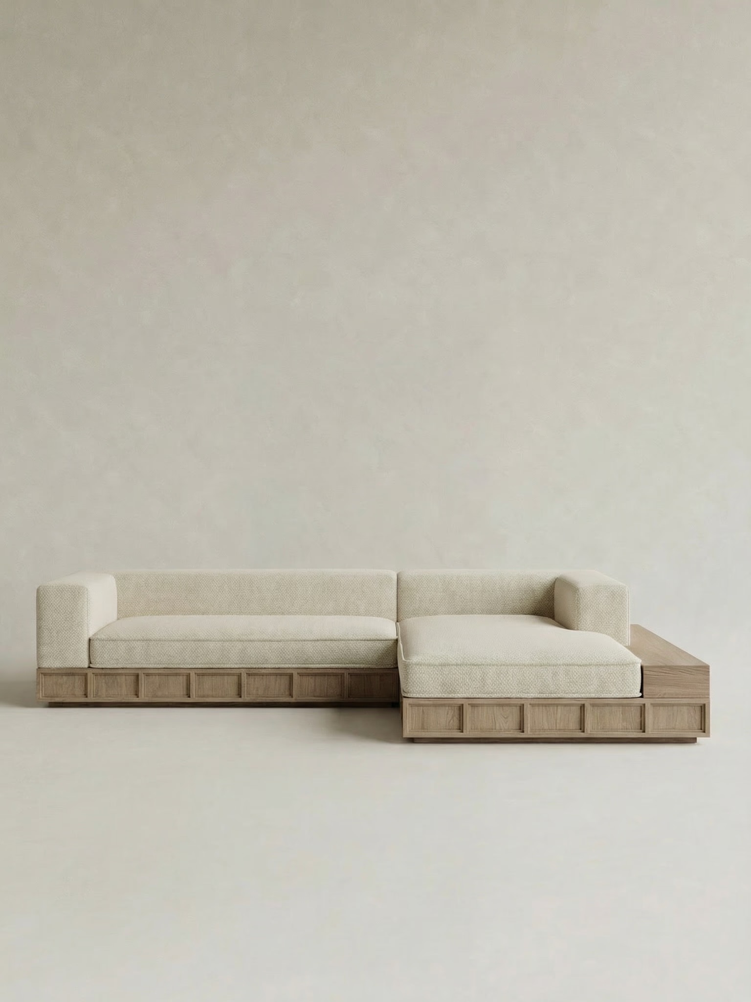 masif meşe platform köşe kanepe, minimal lounge koltuk özel ölçü, krem dokuma kumaş L kanepe tasarım, panel detaylı modern köşe koltuk, ısmarlama mobilya modüler kanepe