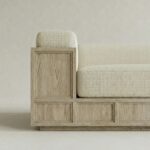 masif meşe platform köşe kanepe, minimal lounge koltuk özel ölçü, krem dokuma kumaş L kanepe tasarım, panel detaylı modern köşe koltuk, ısmarlama mobilya modüler kanepe