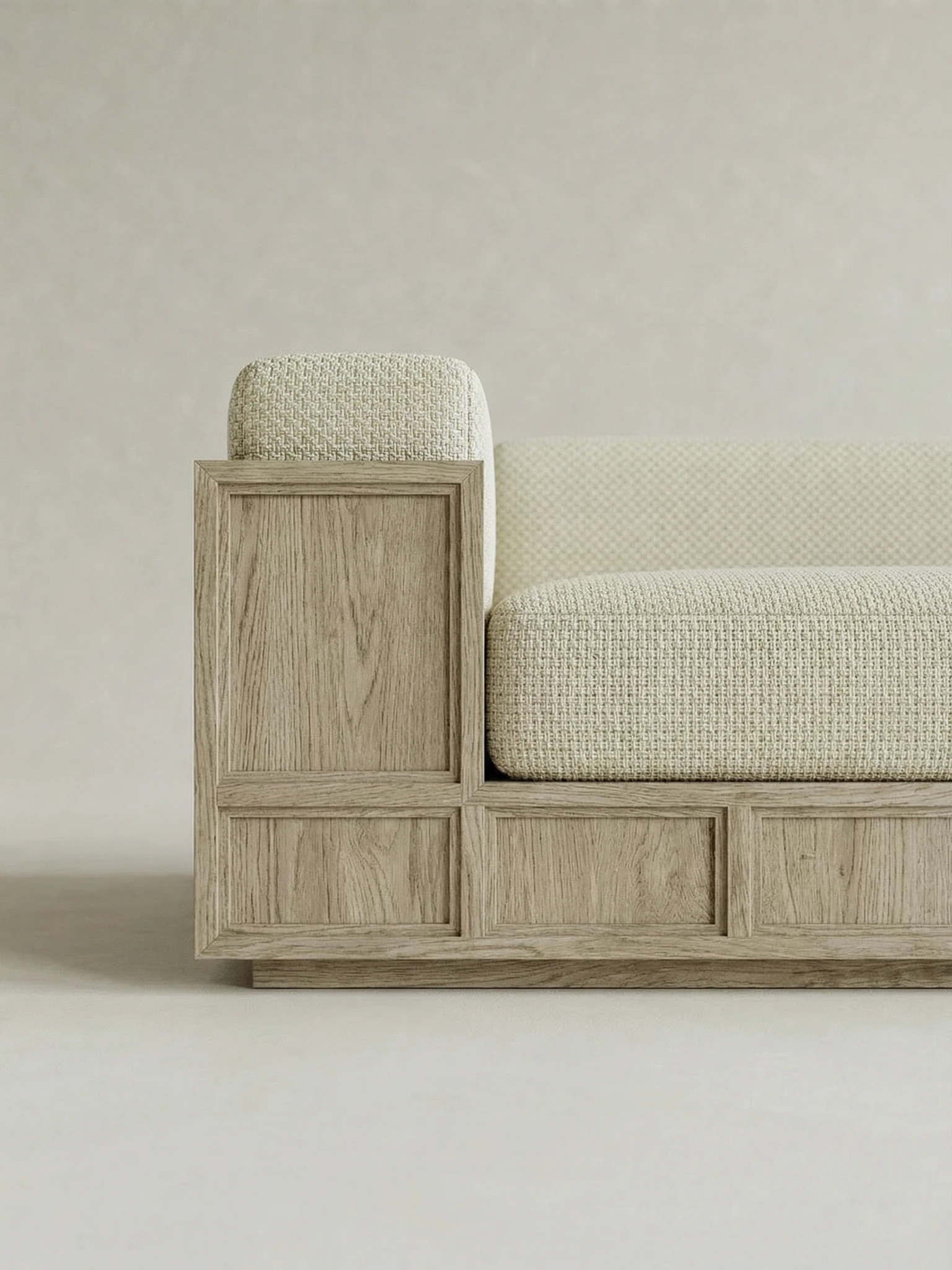 masif meşe platform köşe kanepe, minimal lounge koltuk özel ölçü, krem dokuma kumaş L kanepe tasarım, panel detaylı modern köşe koltuk, ısmarlama mobilya modüler kanepe