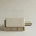 masif meşe platform köşe kanepe, minimal lounge koltuk özel ölçü, krem dokuma kumaş L kanepe tasarım, panel detaylı modern köşe koltuk, ısmarlama mobilya modüler kanepe