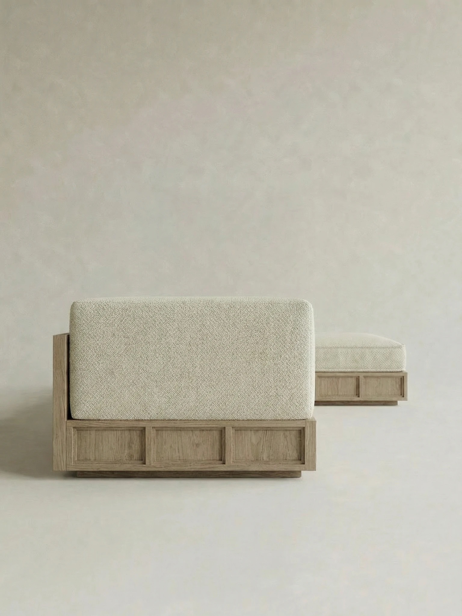 masif meşe platform köşe kanepe, minimal lounge koltuk özel ölçü, krem dokuma kumaş L kanepe tasarım, panel detaylı modern köşe koltuk, ısmarlama mobilya modüler kanepe