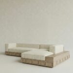 masif meşe platform köşe kanepe, minimal lounge koltuk özel ölçü, krem dokuma kumaş L kanepe tasarım, panel detaylı modern köşe koltuk, ısmarlama mobilya modüler kanepe