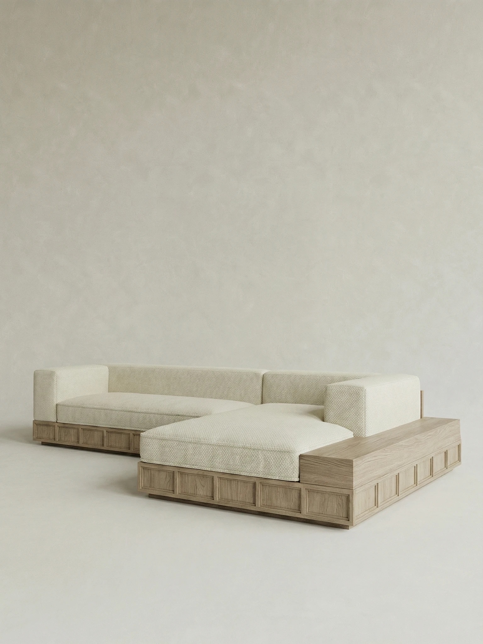 masif meşe platform köşe kanepe, minimal lounge koltuk özel ölçü, krem dokuma kumaş L kanepe tasarım, panel detaylı modern köşe koltuk, ısmarlama mobilya modüler kanepe