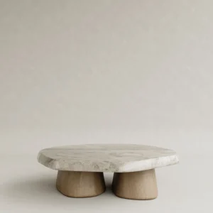 mermer sehpa çift konik ayaklı özel ölçü, masif ahşap ayaklı coffee table sipariş mobilya, ısmarlama mobilya doğal taş sehpa tasarım, minimal heykelsi orta sehpa mermer, japandi stil mermer sehpa doğal ahşap ayak