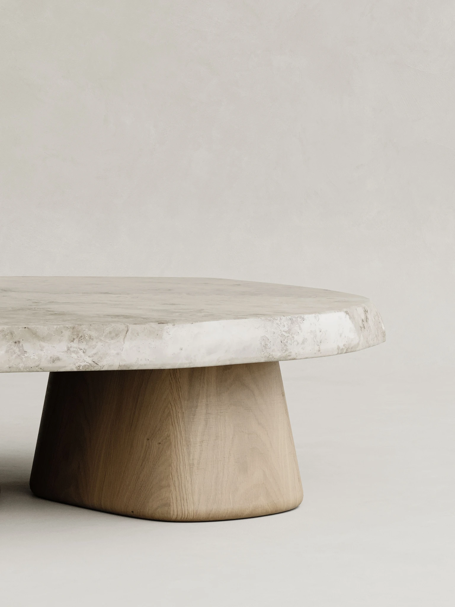 mermer sehpa çift konik ayaklı özel ölçü, masif ahşap ayaklı coffee table sipariş mobilya, ısmarlama mobilya doğal taş sehpa tasarım, minimal heykelsi orta sehpa mermer, japandi stil mermer sehpa doğal ahşap ayak