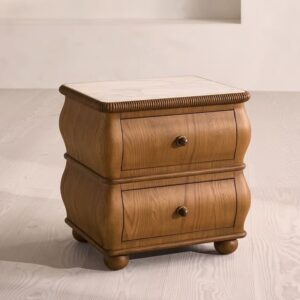 kavisli masif ahşap komodin özel üretim, iki çekmeceli komodin özel ölçü sipariş mobilya, ısmarlama mobilya modern klasik komodin tasarım, doğal ahşap komodin yumuşak form detaylı, mermer üst tablali komodin masif ahşap tasarım