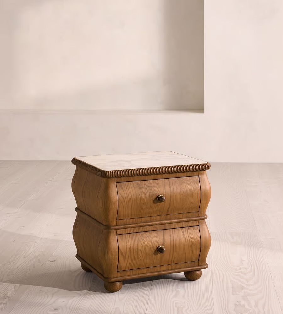 kavisli masif ahşap komodin özel üretim, iki çekmeceli komodin özel ölçü sipariş mobilya, ısmarlama mobilya modern klasik komodin tasarım, doğal ahşap komodin yumuşak form detaylı, mermer üst tablali komodin masif ahşap tasarım