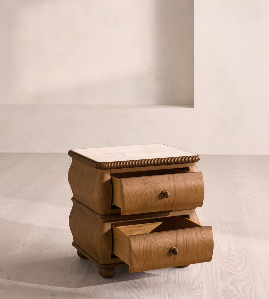 kavisli masif ahşap komodin özel üretim, iki çekmeceli komodin özel ölçü sipariş mobilya, ısmarlama mobilya modern klasik komodin tasarım, doğal ahşap komodin yumuşak form detaylı, mermer üst tablali komodin masif ahşap tasarım