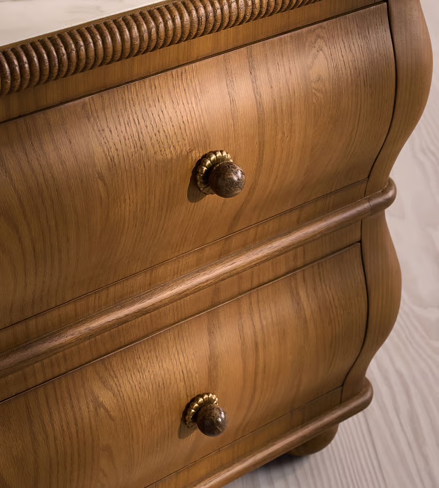 kavisli masif ahşap komodin özel üretim, iki çekmeceli komodin özel ölçü sipariş mobilya, ısmarlama mobilya modern klasik komodin tasarım, doğal ahşap komodin yumuşak form detaylı, mermer üst tablali komodin masif ahşap tasarım