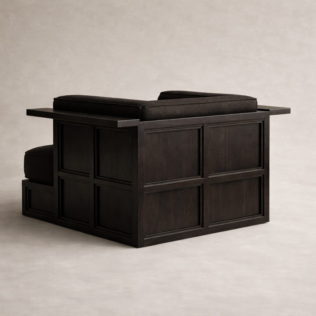 entegre yan sehpalı modern koltuk, platform govdeli ahsap lounge koltuk, ozel uretim modern lounge armchair, mimari tabanli modern koltuk tasarimi, modern interior lounge koltuk