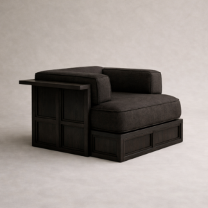 entegre yan sehpalı modern koltuk, platform govdeli ahsap lounge koltuk, ozel uretim modern lounge armchair, mimari tabanli modern koltuk tasarimi, modern interior lounge koltuk