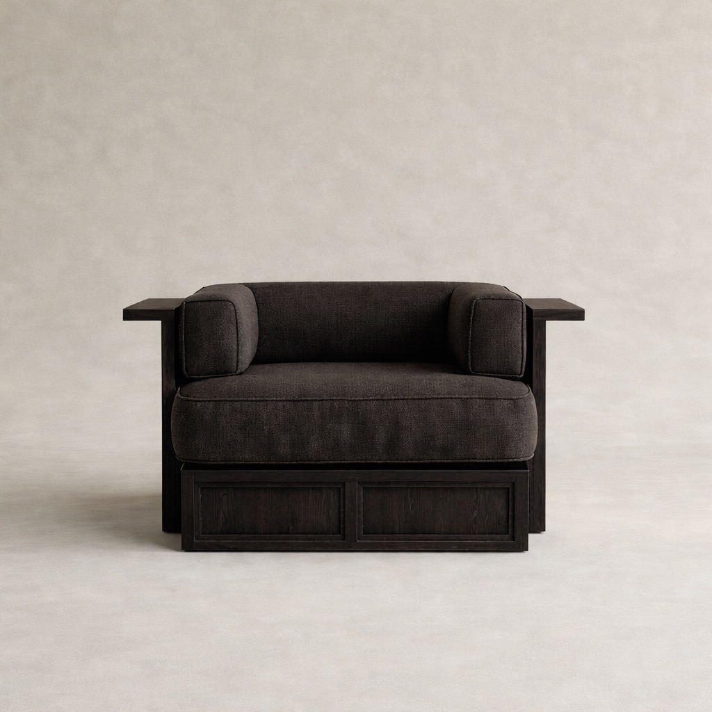 entegre yan sehpalı modern koltuk, platform govdeli ahsap lounge koltuk, ozel uretim modern lounge armchair, mimari tabanli modern koltuk tasarimi, modern interior lounge koltuk