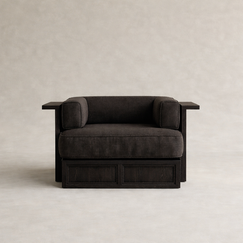 entegre yan sehpalı modern koltuk, platform govdeli ahsap lounge koltuk, ozel uretim modern lounge armchair, mimari tabanli modern koltuk tasarimi, modern interior lounge koltuk