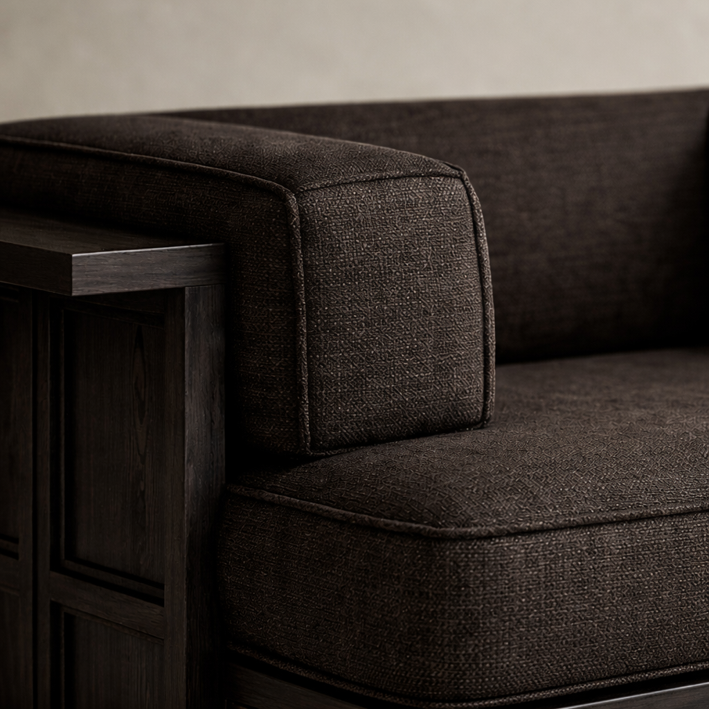 entegre yan sehpalı modern koltuk, platform govdeli ahsap lounge koltuk, ozel uretim modern lounge armchair, mimari tabanli modern koltuk tasarimi, modern interior lounge koltuk