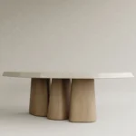 organik form lake masa masif ahşap ayak özel ölçü, konik ayaklı modern yemek masası sipariş mobilya, ısmarlama mobilya lake tabla minimal dining table tasarım, heykelsi modern masa doğal ahşap detay, özel üretim modern yemek masası tasarım