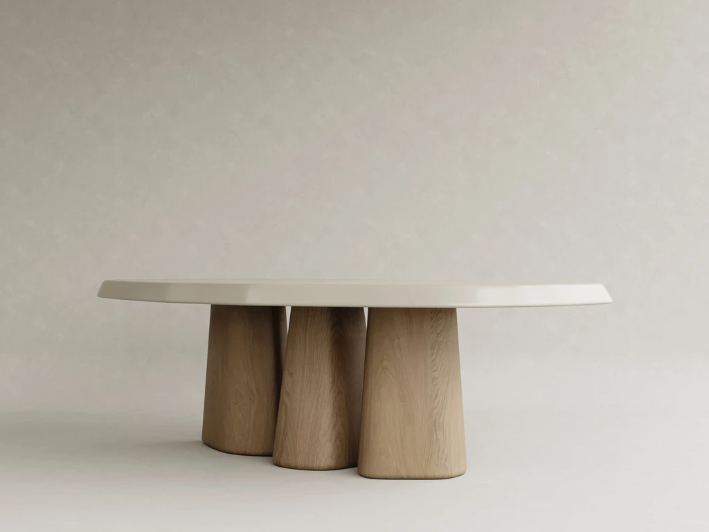 organik form lake masa masif ahşap ayak özel ölçü, konik ayaklı modern yemek masası sipariş mobilya, ısmarlama mobilya lake tabla minimal dining table tasarım, heykelsi modern masa doğal ahşap detay, özel üretim modern yemek masası tasarım