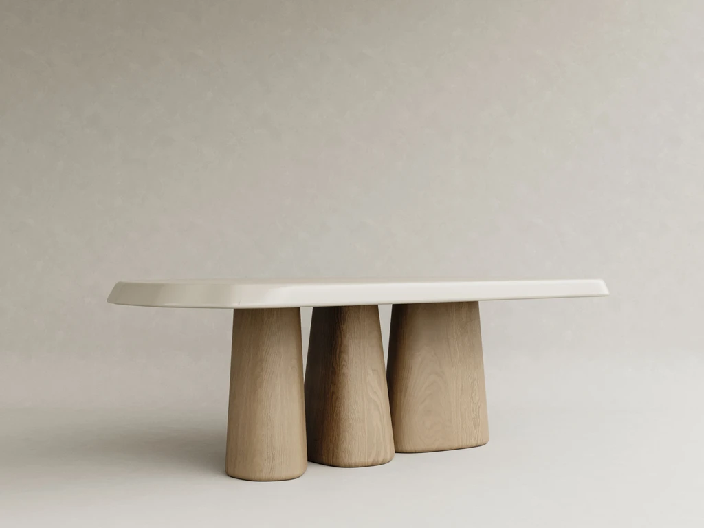 organik form lake masa masif ahşap ayak özel ölçü, konik ayaklı modern yemek masası sipariş mobilya, ısmarlama mobilya lake tabla minimal dining table tasarım, heykelsi modern masa doğal ahşap detay, özel üretim modern yemek masası tasarım