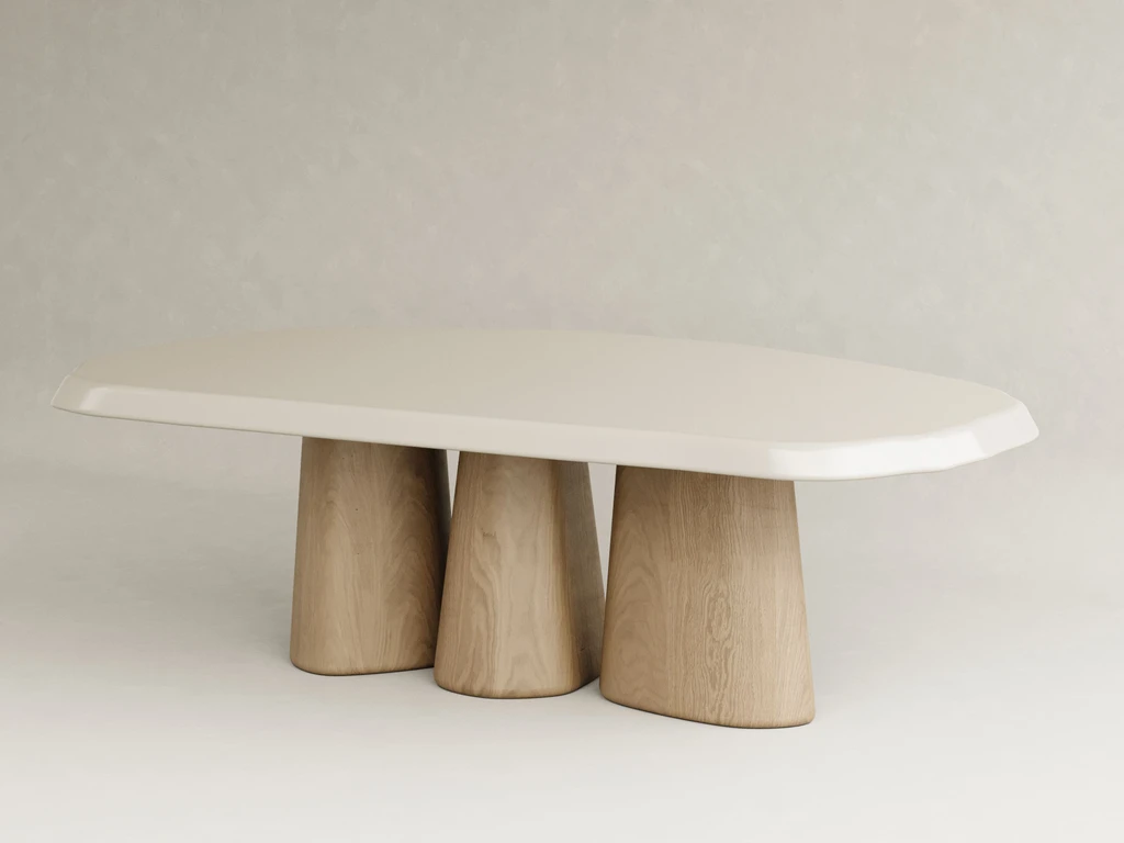 organik form lake masa masif ahşap ayak özel ölçü, konik ayaklı modern yemek masası sipariş mobilya, ısmarlama mobilya lake tabla minimal dining table tasarım, heykelsi modern masa doğal ahşap detay, özel üretim modern yemek masası tasarım