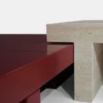 mobilya kırmızı lake sehpa modern tasarım, traverten sehpa doğal taş minimal coffee table, modüler sehpa kombinasyon tasarım modern iç mekan