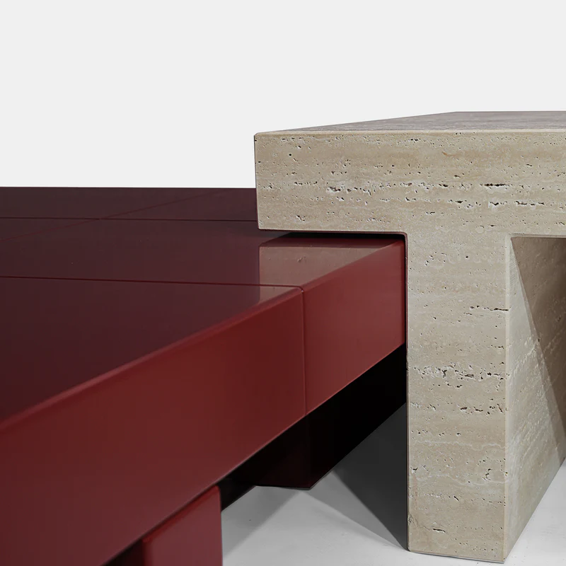 mobilya kırmızı lake sehpa modern tasarım, traverten sehpa doğal taş minimal coffee table, modüler sehpa kombinasyon tasarım modern iç mekan