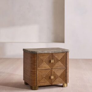 geometrik oyma ahsap komodin tasarimi, mermer tablalı modern bedside table, ozel uretim ahsap komodin tasarimi, pirinc ayakli luxury komodin, mimari desenli modern komodin