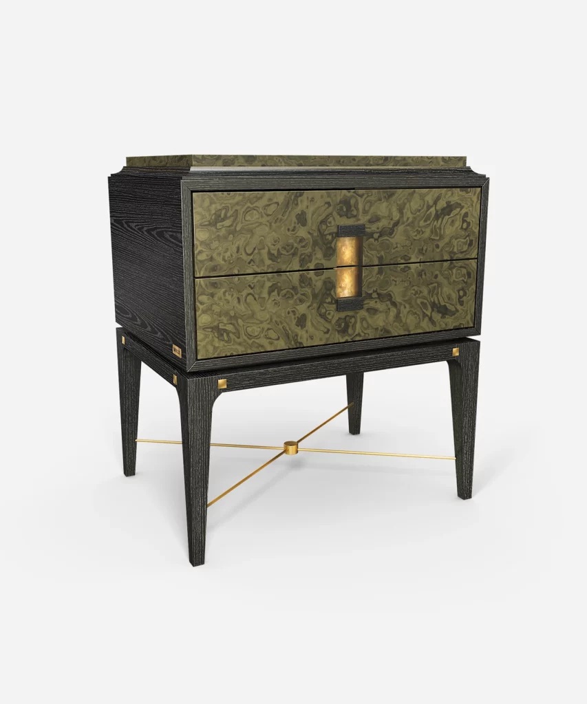 pirinc kaplama modern komodin tasarimi, luxury bedside table pirinc detayli, ozel uretim modern komodin tasarimi, koyu ahsap govdeli modern komodin, pirinc detayli luxury komodin