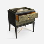 pirinc kaplama modern komodin tasarimi, luxury bedside table pirinc detayli, ozel uretim modern komodin tasarimi, koyu ahsap govdeli modern komodin, pirinc detayli luxury komodin