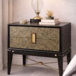 pirinc kaplama modern komodin tasarimi, luxury bedside table pirinc detayli, ozel uretim modern komodin tasarimi, koyu ahsap govdeli modern komodin, pirinc detayli luxury komodin